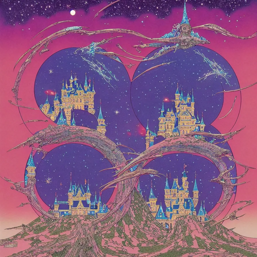 Image similar to ( ( ( ( shinning starry sky and a huge castle, with decorative frame design ) ) ) ) by mœbius!!!!!!!!!!!!!!!!!!!!!!!!!!!, overdetailed art, colorful, artistic record jacket design