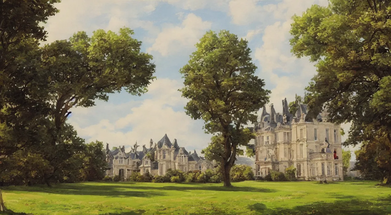 Prompt: a landscape painting of a French manor, in the style of anime