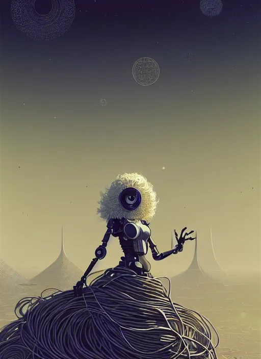 Image similar to highly detailed portrait of a robotic cyborg long curly white hair nomadic tribal lady, stray wiring by atey ghailan, james gilleard, by joe fenton, by greg rutkowski, by greg tocchini, by kaethe butcher, 4 k resolution, gradient yellow, black and white color scheme!!! ( ( robotic sandstorm robotic pyramid landscape background ) )