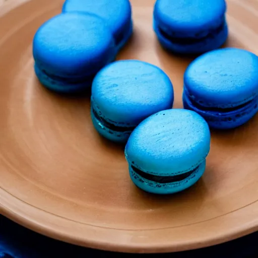 Prompt: photo of robin standing in a plate filled with blue macaroons