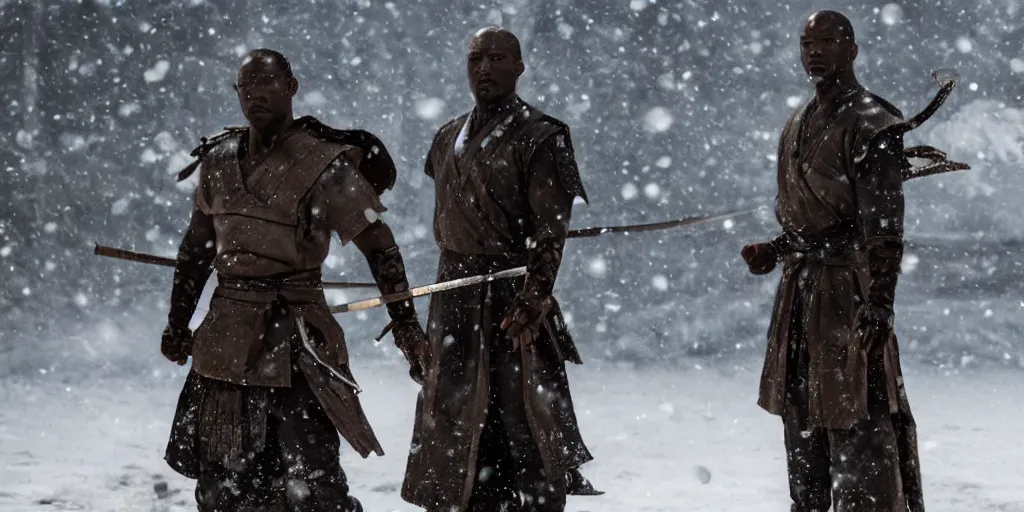 Image similar to a film still of a black man starring in a japanese blockbuster film as ancient samurai, fighting against alien creatures, snow, shallow depth of field, cinematic, award winning cgi, vfx, film still