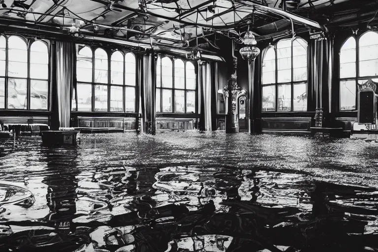 Prompt: steampunk ballroom flooding, filling up with water, black and white photograph