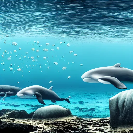 Image similar to hyperrealistic underwater photography, panoramic picture of an ocean floor with some baluga whales. focus on the whales. the whales are anatomically correct and highly detailed. lots of bubbles. seaweed and some rocks. gloomy scattered light entering from the water surface, trending on artstation, hq, 8 k