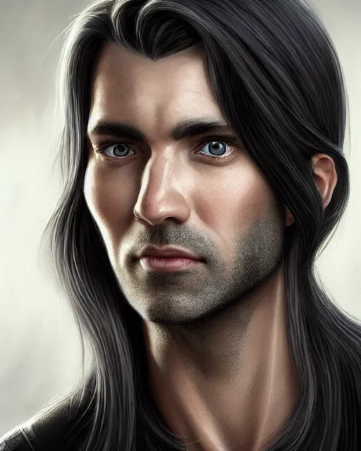 Image similar to portrait of tall, 3 3 - year - old handsome man with long dirty black hair, and ice grey eyes, wearing black clothes, no beard, hyper realistic face, beautiful grey eyes, character art, art by mark brooks, hyperdetailed, cryengine, trending on artstation, digital art