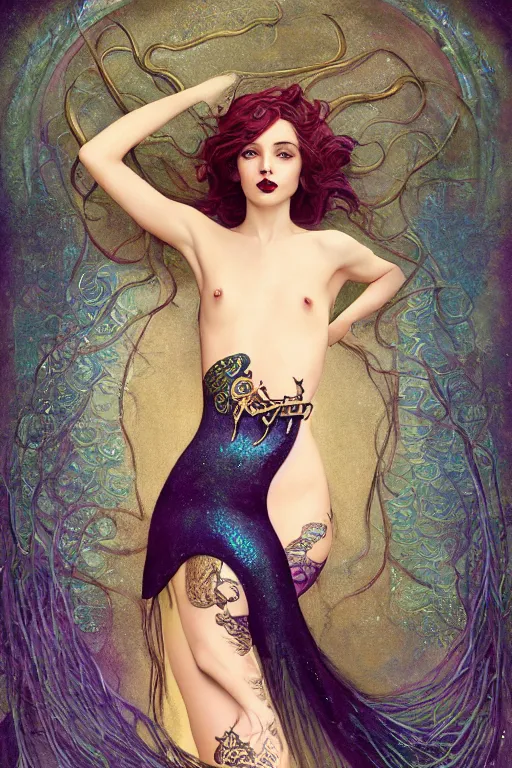 Image similar to a beautiful dark androgynous mermaid, pinup pose, long hair, tall and thin, wearing dozens of pendants and a gown of gold, illustration, dramatic lighting, soft details, painting oil on canvas, art nouveau, iridescent scales on her body, fish tail, octane render, HDR, 4k, 8k, HD, by Edmund Blair Leighton, Brom, Charlie Bowater, j.c. Leyendecker, faces by otto schmidt