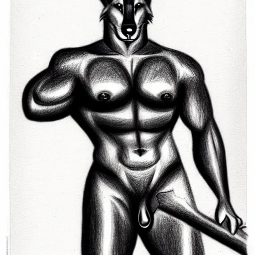 Image similar to anthropomorphic wolf by tom finland, pencil drawing