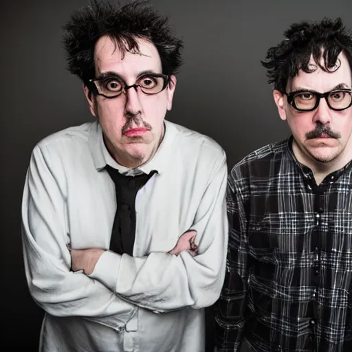 Image similar to john linnell and john flansburgh of they might be giants as puppets, band marketing material, photograph, sharp focus, 4 k, extremely detailed