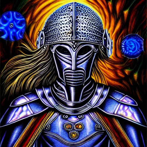 Image similar to medieval fantasy armored knight in the style of alex grey, TOOL band art, psychedelic, fractals, detailed, 8K