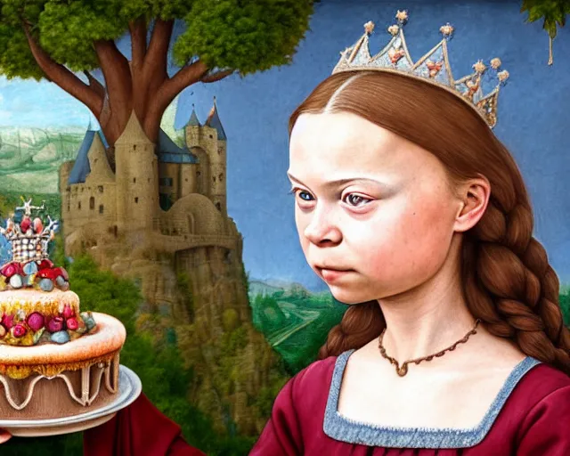 Image similar to closeup profile medieval bosch portrait of greta thunberg as a fairytale princess wearing a crown eating cakes in the castle kitchen, nicoletta ceccoli, mark ryden, lostfish, max fleischer, hyper realistic, artstation, illustration, digital paint, matte paint, vivid colors, bright, cheerful, detailed and intricate environment