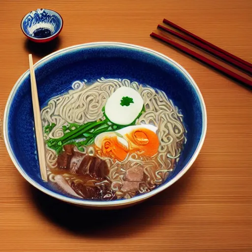 Image similar to kanji style ramen noodles bowl japan, by makoto shinkai