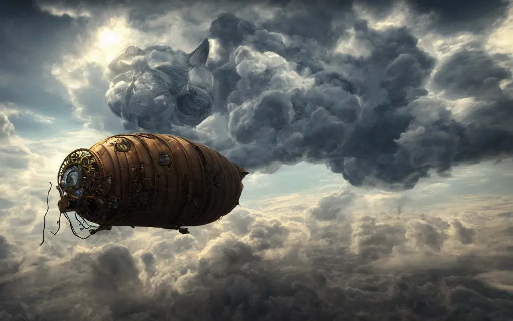 Image similar to steampunk dirigible floating between swirling clouds. photorealistic. 8 k, unreal engine. haze. rococo style