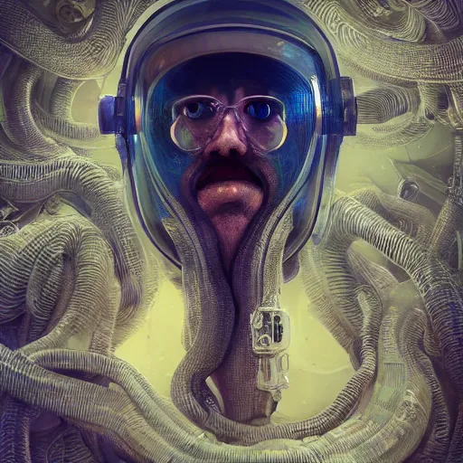 Image similar to hyperrealistic portrait of a squid monster astronaut, full body portrait, well lit, intricate abstract. cyberpunk, intricate artwork, by Tooth Wu, wlop, beeple. octane render,in the style of Jin Kagetsu, James Jean and wlop, highly detailed, sharp focus, intricate concept art, digital painting, ambient lighting, 4k, artstation