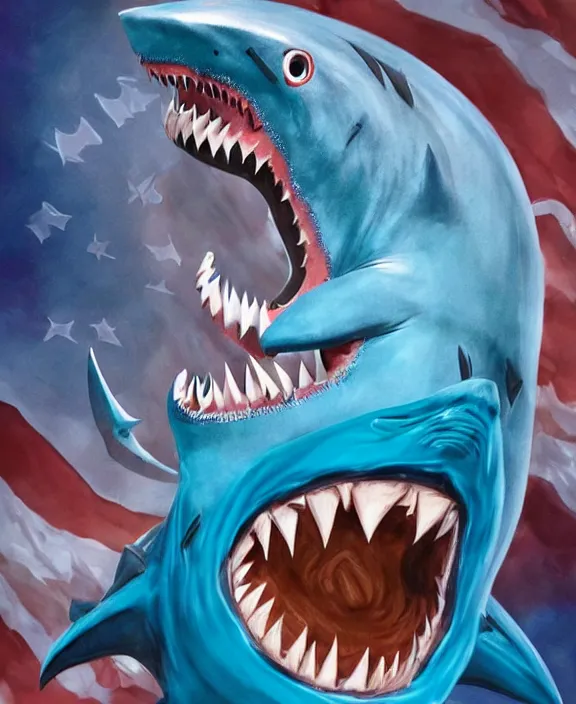 Prompt: joe biden nightmare fuel, shark man, shark costume, shark fin, sharp teeth, big smile, blue skin, ( ( claymation ) ), iridescent accents, by simon stalenberg by and artgerm