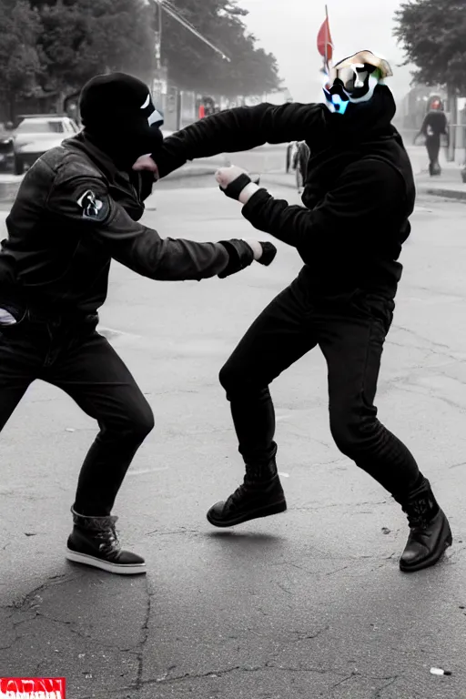 Image similar to nazi skinhead fight with masked antifa, high resolution, photorealistic, smooth, details, 4 k, aesthetic lighting, baroque object, sharp focus, hyperdetailed object, professional photography, pullitzer winning, 8 0 0 photo by : canon eos 5 d mark iv, by karah mew and adnan abidi and jodie bateman