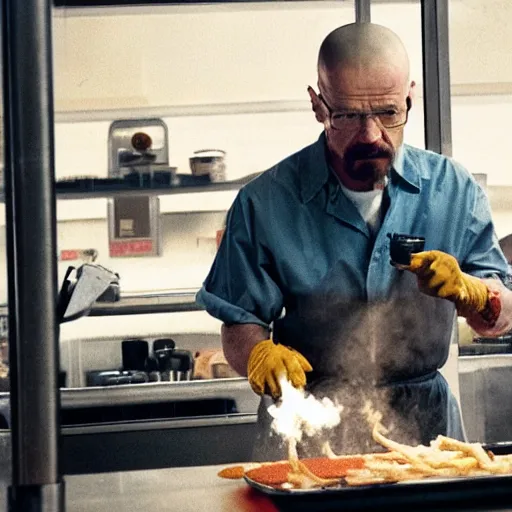 Image similar to walter white cooking meth at a table in a mcdonalds