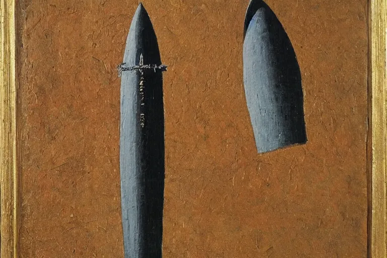 Image similar to medieval elegant painting of a icbm missile, oil painting