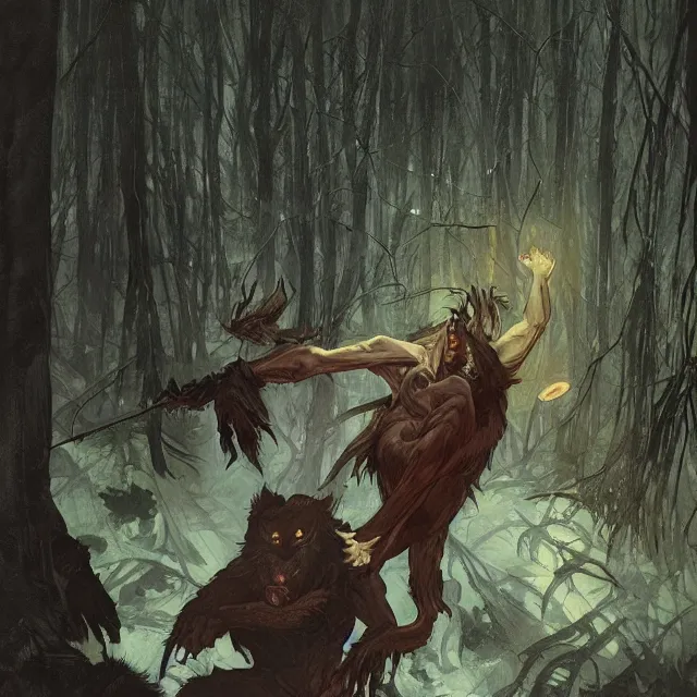 Image similar to a male werewolf with long claws fighting a young fit male vampire in a dark forest at night, by greg rutkowski and alphonse mucha, gradient brown to red, highly detailed, digital painting, artstation, concept art, smooth, sharp focus illustration