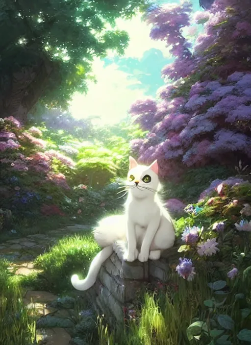 Prompt: portrait of a cute cat in an enchanted garden, digital illustration, by makoto shinkai and ruan jia and studio ghibli