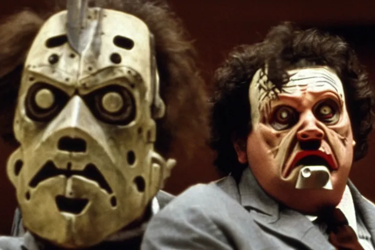 Image similar to leatherface in court testifying against robocop, detailed facial expressions