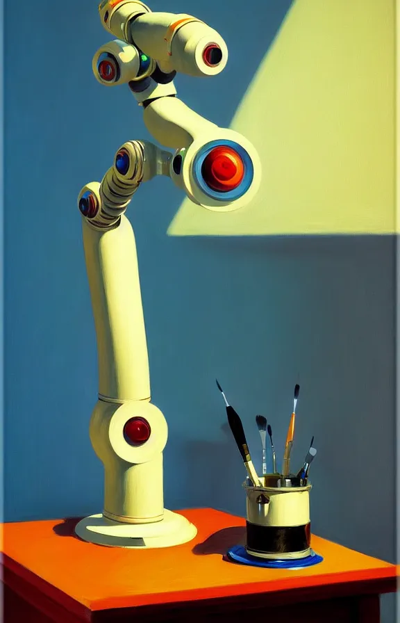 Prompt: beautiful illustration of a robotic arm painting with a paintbrush on a canvas by Edward Hopper, clean lines, very detailed, colorful octane render