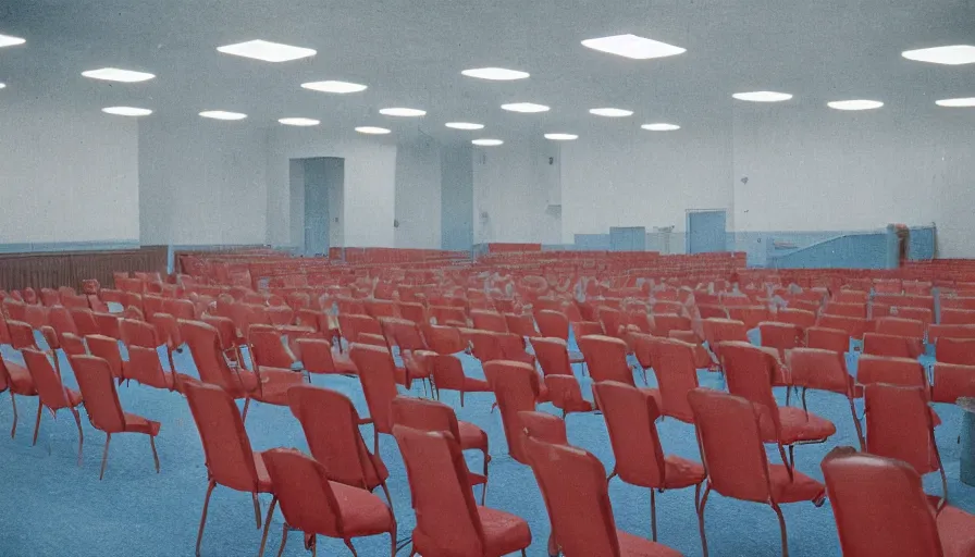 Image similar to 60s movie still of a sovietic stalinist style empty ballroom with chairs and soviet flags, cinestill 800t 50mm eastmancolor, liminal Space style, heavy grain-s 150