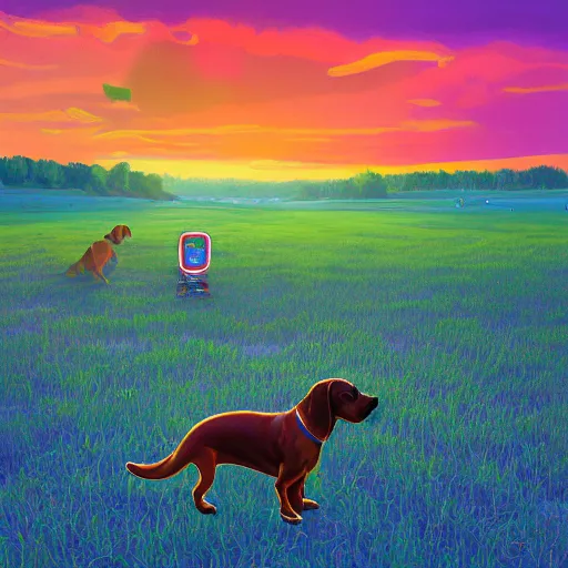 Prompt: a dachshund, surreal photography, cannabis field, sunset on a summer day light, impressionist painting, colorful clouds, blue sky, digital painting, artstation, simon stalenhag