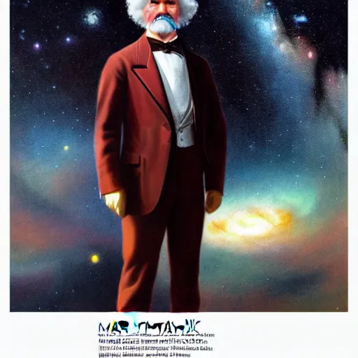 Image similar to mark twain stands at the edge of the universe, artgerm