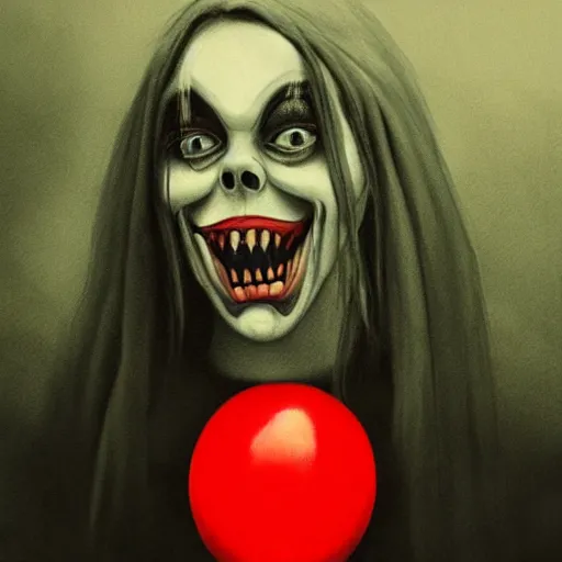 Prompt: scribble of Billie eilish with a wide smile and a red balloon by Zdzisław Beksiński, loony toons style, pennywise style, corpse bride style, creepy lighting, horror theme, detailed, elegant, intricate, conceptual, volumetric light