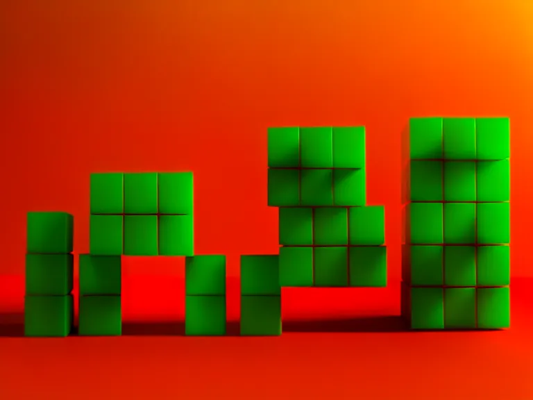 Image similar to a 3 d render of a stack of green cubes on the left and an orange ball on the right in a red room, blender, ue 5, octane render, trending on artstation