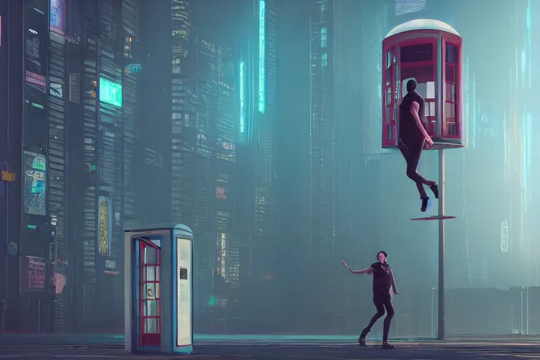 Image similar to a person jumping in the air in front of a phone booth, cyberpunk art by beeple, cgsociety contest winner, retrofuturism, octane render, concept art, dystopian art