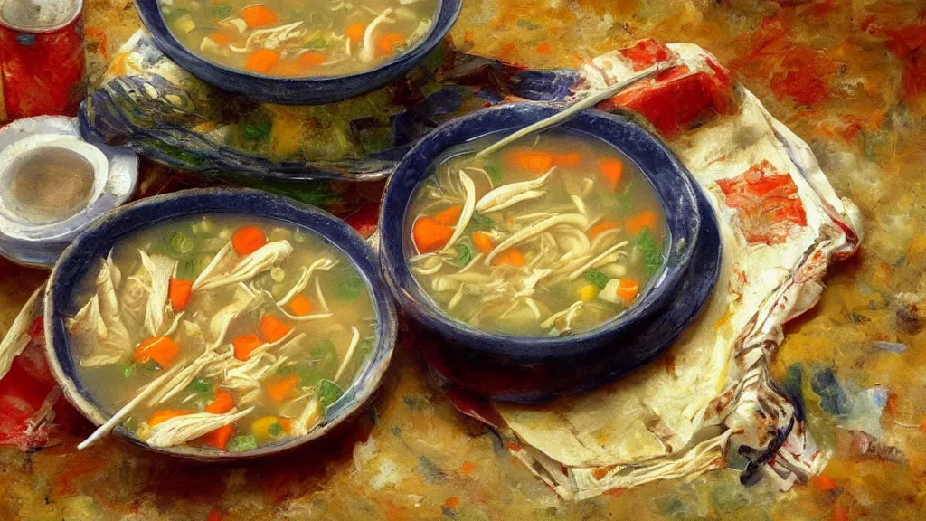 Prompt: A studio photo of a plate of tasty chicken soup; the most appetizing photo in the world; trending on artstation; oil on canvas; correct perspective; extraordinary masterpiece!!!!!!; 8k