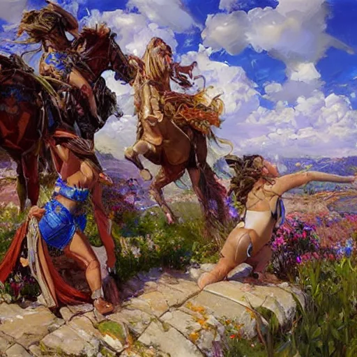 Prompt: the cirrus cloud tribe has brought gifts to our village, fantasy splash art by Michael Garmash, Donato Giancola