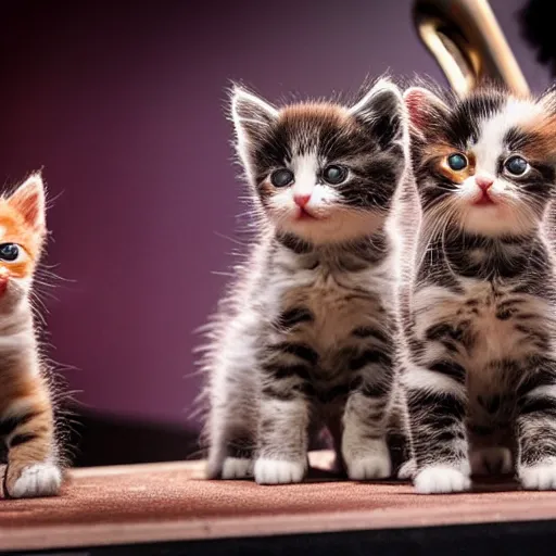 Image similar to an amazing award winning photo of kittens playing in a band on stage, very detailed and sharp, 4k hdr, masterpiece