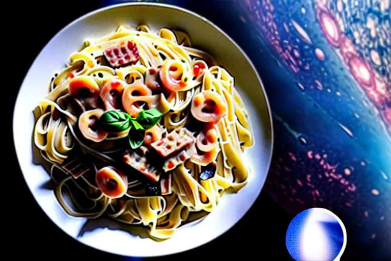 Image similar to carbonara noodles, space, food, robot eating pasta