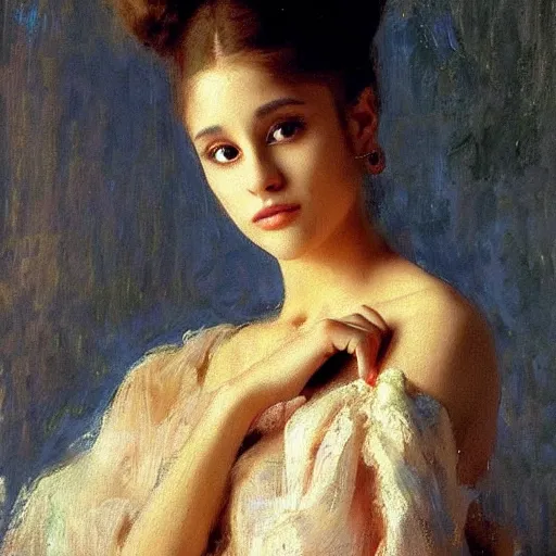 Prompt: Beautiful portrait of ariana grande by Ilya Repin and Dave McKee