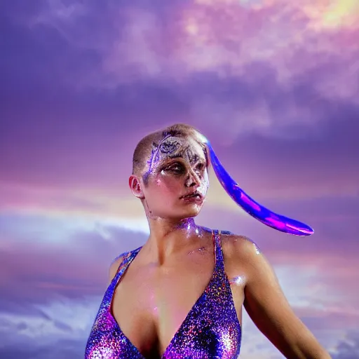 Image similar to portrait photo, a woman covered in intricate silver body paint and a purple florescent bikini inside an iridescent bubble floating above beautiful colorful sunset clouds