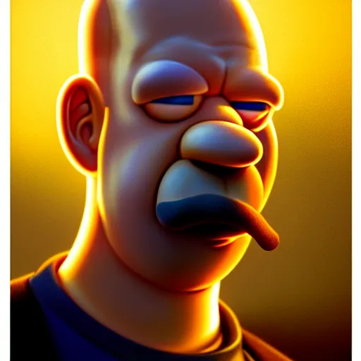 Image similar to cinematic shot of an epic portrait of homer simpson, stylised, shiny skin, beautiful eyes, beautiful, small details, night setting, realistic poster with volumetric light from craig mallism, artgerm, jeremy lipkin and michael garmash, unreal engine, radiant light, digital art, trends at art station, a masterpiece