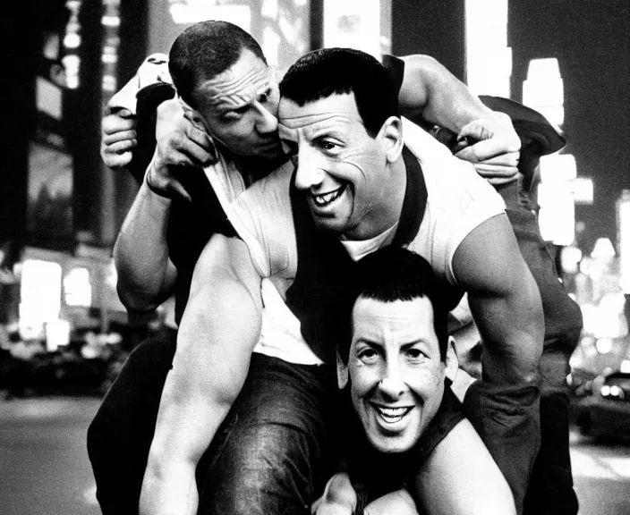 Image similar to The rock piggyback on Adam Sandler on Methamphetamine at Times Square, photograph by Alfred Eisenstaedt, 4K, dramatic lighting; 4K 8K