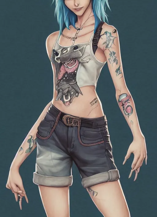 Image similar to character portrait of a female humanoid opossum fursona wearing a tanktop and shorts with arm tattoos. Character design by charlie bowater, ross tran, artgerm, and makoto shinkai, detailed, inked, western comic book art