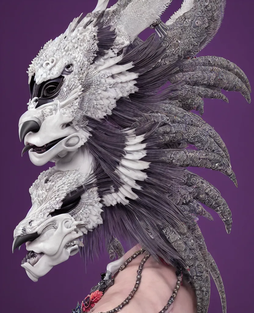 Image similar to 3 d goddess close - up profile portrait punk with mohawk with ram skull. beautiful intricately detailed japanese crow kitsune mask and clasical japanese kimono. betta fish, jellyfish phoenix, bio luminescent, plasma, ice, water, wind, creature, artwork by tooth wu and wlop and beeple and greg rutkowski