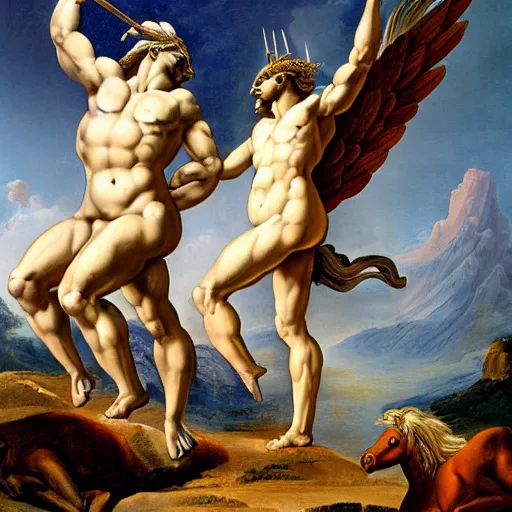 Image similar to painting of Centaur and Pegasus at the Acropolis, Greek gods, Zeus, Poseidon, Aphrodite, intricate, high detail, sensual, in the style of Michaelangelo