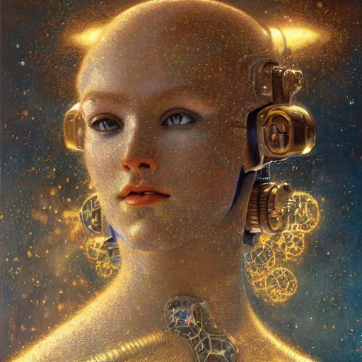 Image similar to highly detailed portrait of an humanoid robotic galaxy mecha, painting by gaston bussiere, craig mullins, j. c. leyendecker, lights, art by ernst haeckel, john william godward, hammershøi,