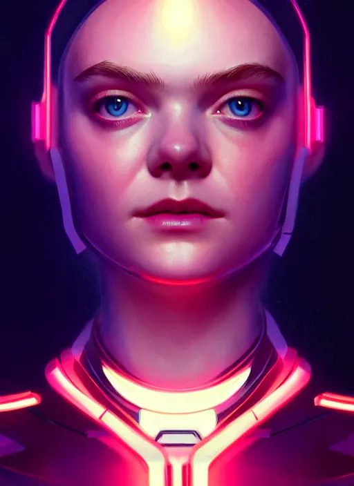 Image similar to symmetry!! portrait of elle fanning in prey, sci - fi, tech wear, glowing lights!! intricate, elegant, highly detailed, digital painting, artstation, concept art, smooth, sharp focus, illustration, art by artgerm and greg rutkowski and alphonse mucha