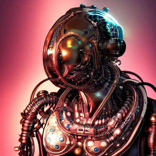 Prompt: futuristic steampunk alien portrait, mechanical internals, exposed wire sparks, hyper realistic shiny textures, 8 k, skull, cyberpunk, intricate details, fluorescent glow, science fiction space horror, unreal engine, dark, heavy shading, depth of field