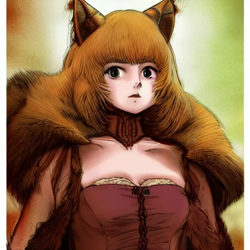 Image similar to a beautiful dressed furry girl, artstation hq, stylized, award winning, colour page from berserk series, created by kentaro miura