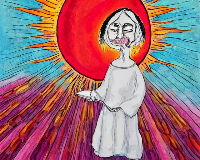 Prompt: small creature in white robe with glowing pink eyes and sun ray flame hair holding lit matches and singing, traditional folk art style, white background, gouache on paper painting, ultra detailed, Mu Pan, Carson Ellis, Julia Sarda