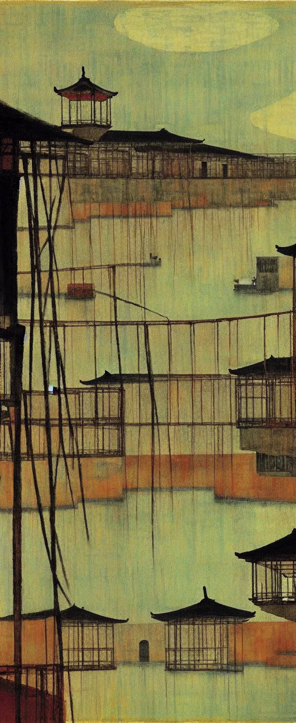 Image similar to a chinese prison near a river by peter doig, muted colors