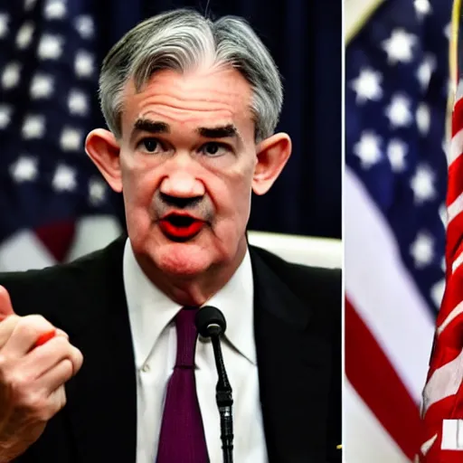 Prompt: photo of Jerome Powell with whiteface clown makeup using a flamethrower