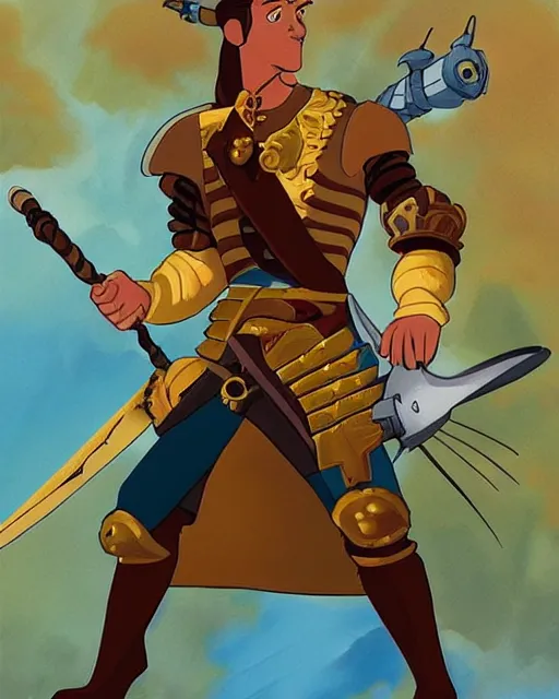 Prompt: a spanish conquistador wearing in battle, art by treasure planet movie, symmetric, handsome, golden ratio, jungle