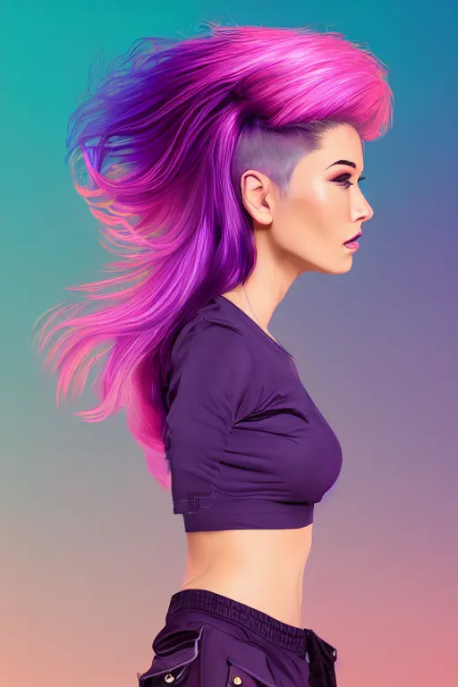 Image similar to a award winning half body portrait of a beautiful woman in a croptop and cargo pants with ombre purple pink teal hairstyle with head in motion and hair flying by wlop, outrun, vaporware, shaded flat illustration, digital art, trending on artstation, highly detailed, fine detail, intricate